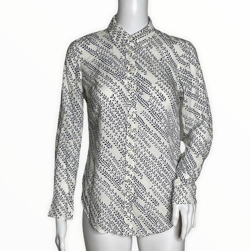 Talbots Shirt Womens XS Petite White Black Button Up Botanical‎ Print Preppy